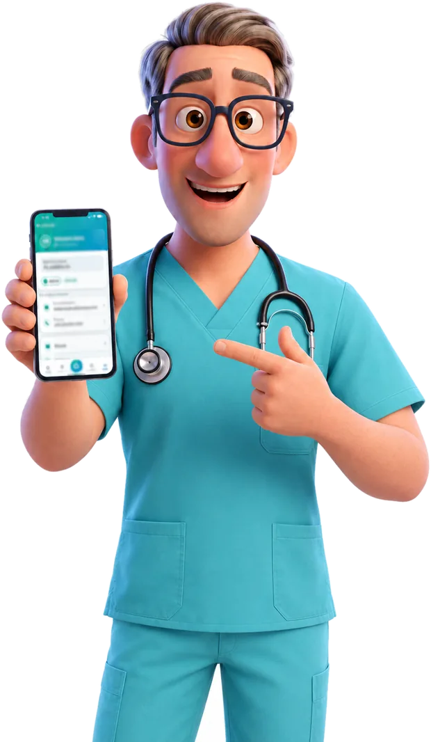El médico de +Plus, con ambo y estetoscopio, muestra la app en su teléfono